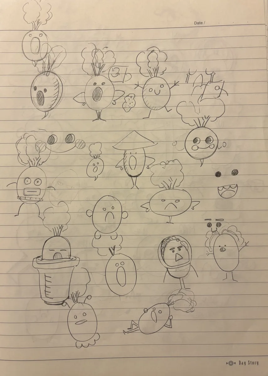 무(無) 캐릭터 초안 스케치 — 순무 형태 기반